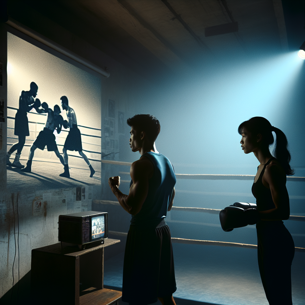 Tarixi döyüş kadrları fonunda boksçu və məşqçi taktikanı müzakirə edir.